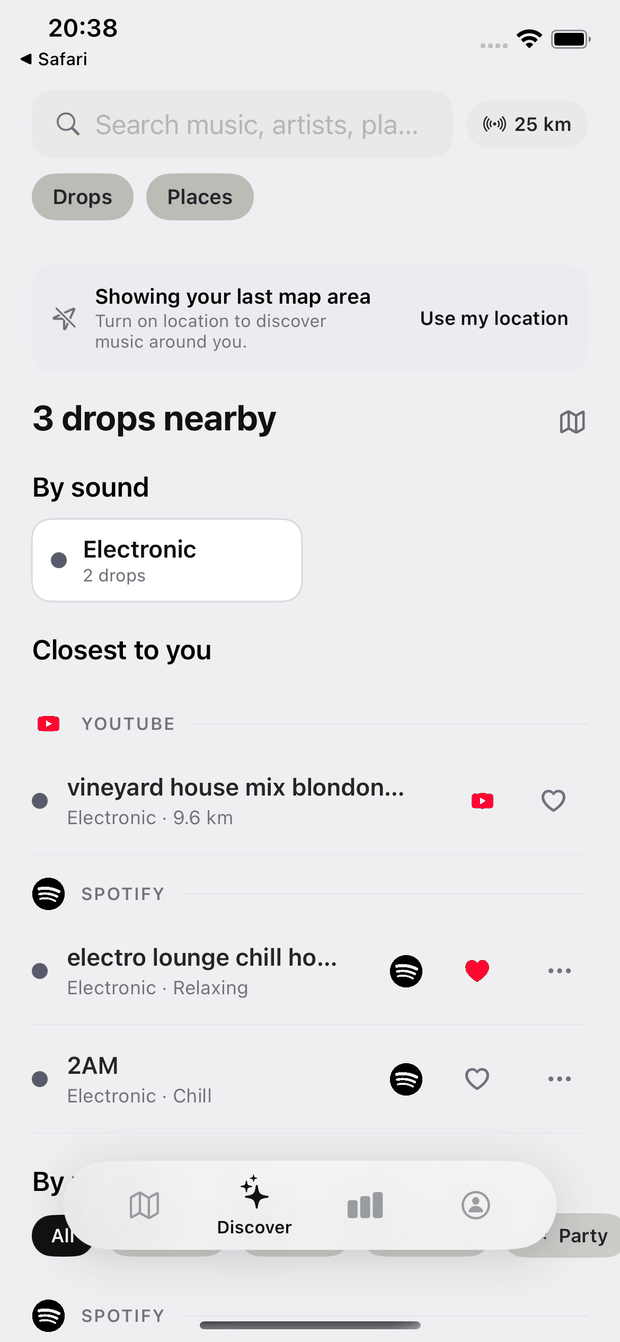 The Discover list, counting outward from where the listener is standing, with the distance to each drop.