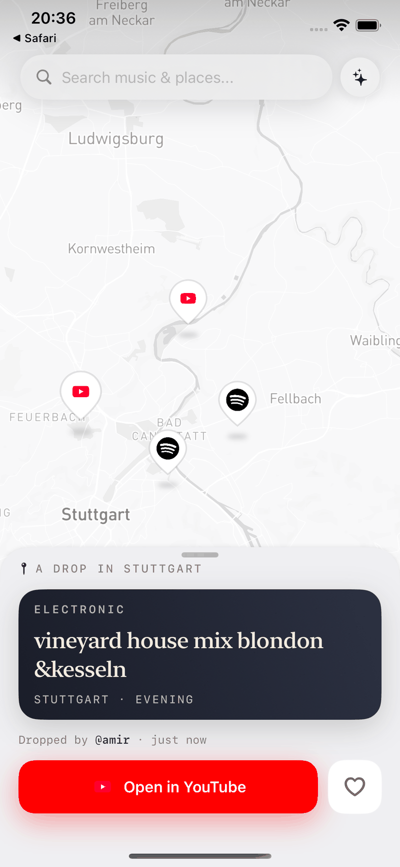 The MusicalMap map with pins across a city, and an open drop showing the set left at that location.